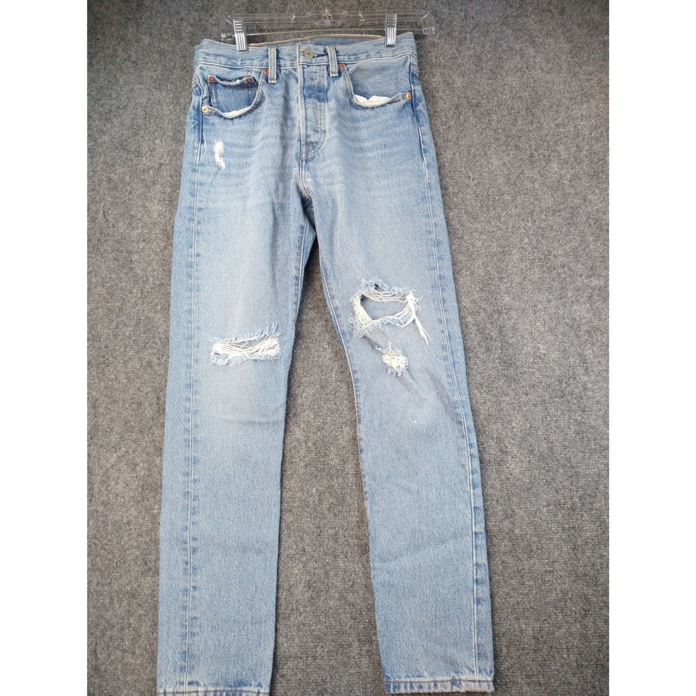 Levis 501 S‎ Skinny Jeans Light Distressed Ripped Button Fly Blue Denim 27x28